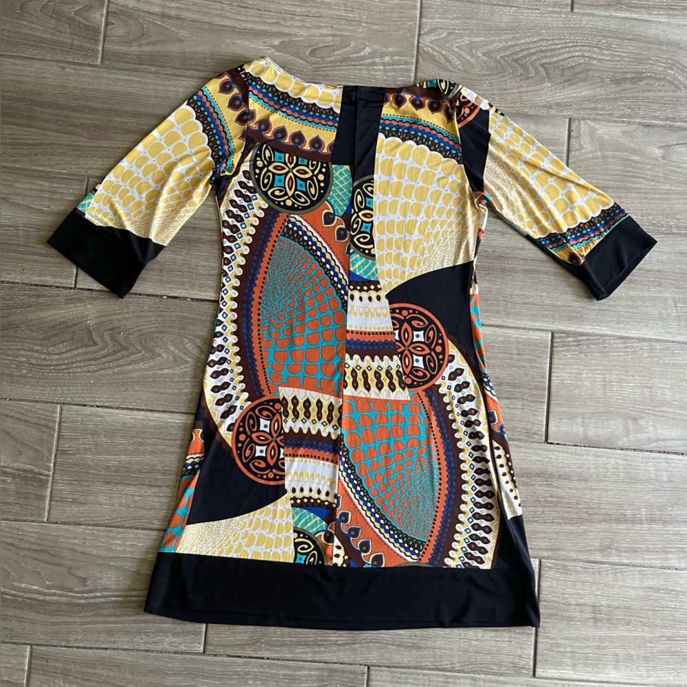 Papillon Blanc Geometric dress Black Yellow Orange size large Lightweight retro - Picture 2 of 9